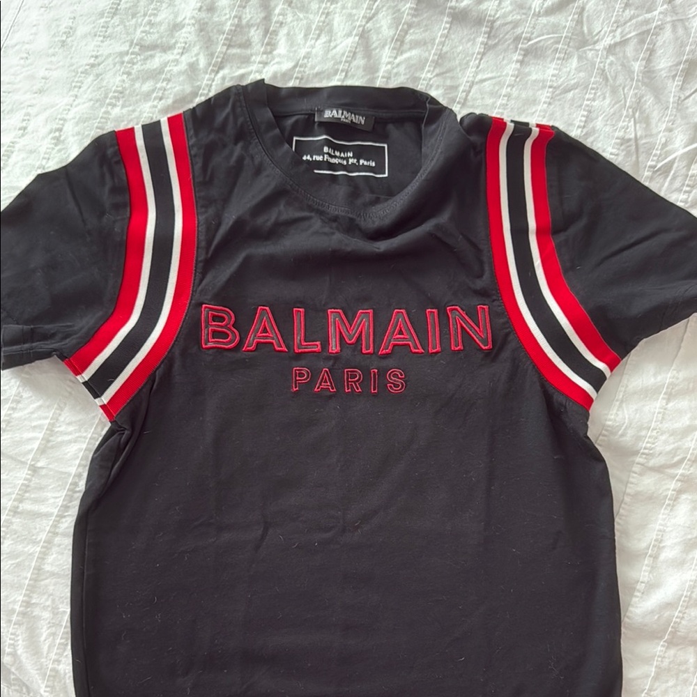 Balmain women Black Tee with Red and White Stripes
